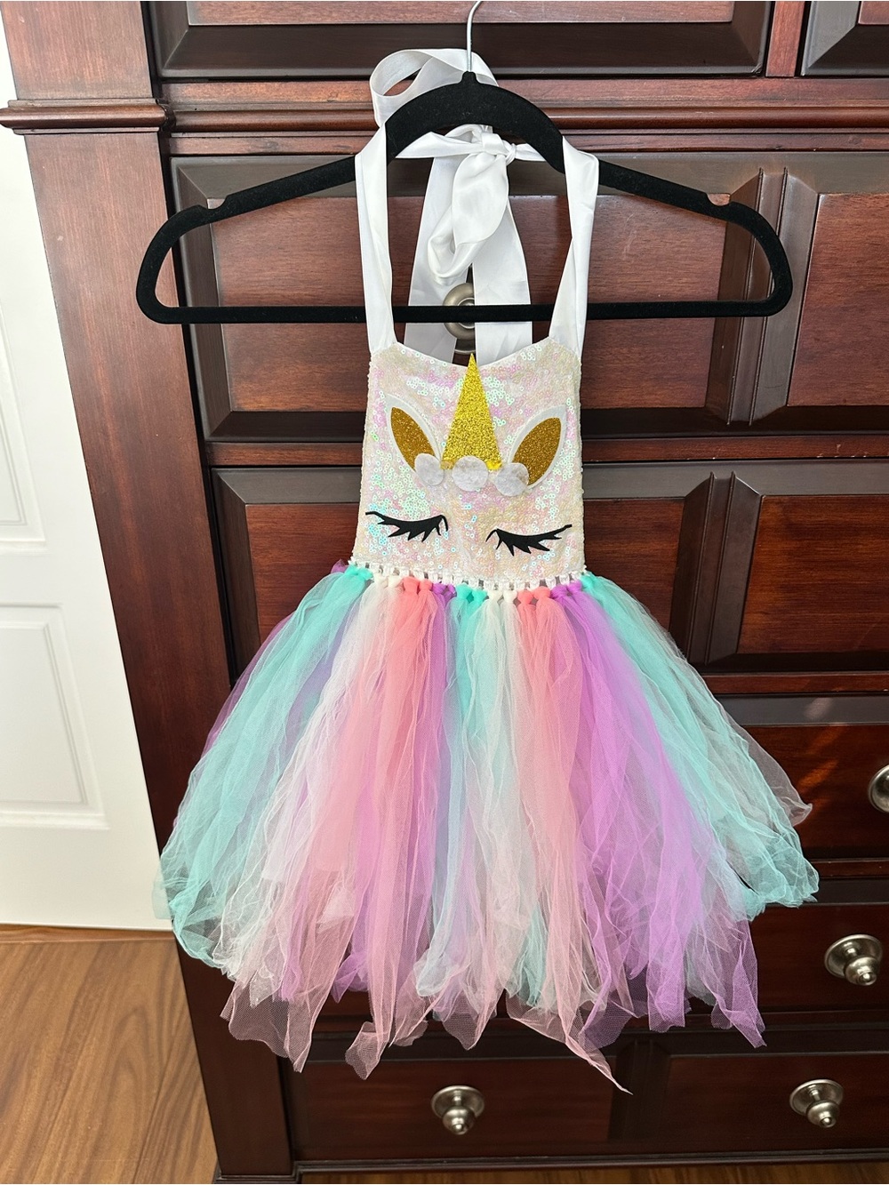 Girls Pastel Sequined Unicorn Tutu Halter Dress Sz 4-6 elastic back